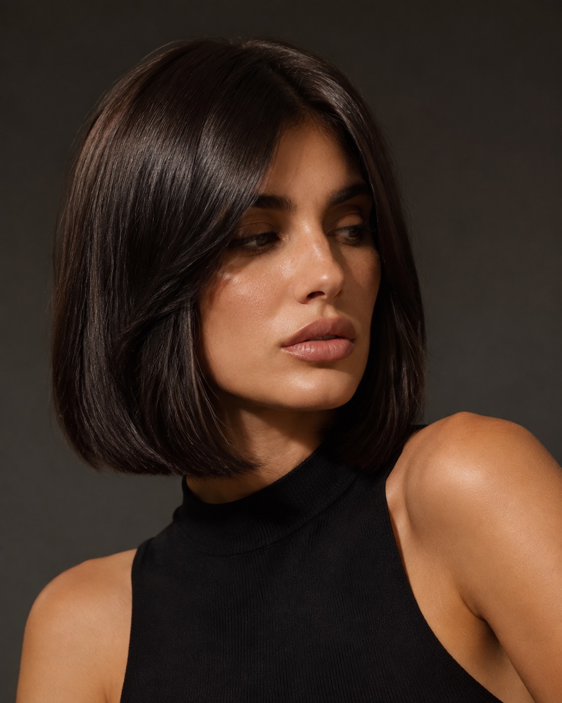 Editorial portrait of a woman with a glossy, sculpted dark bob