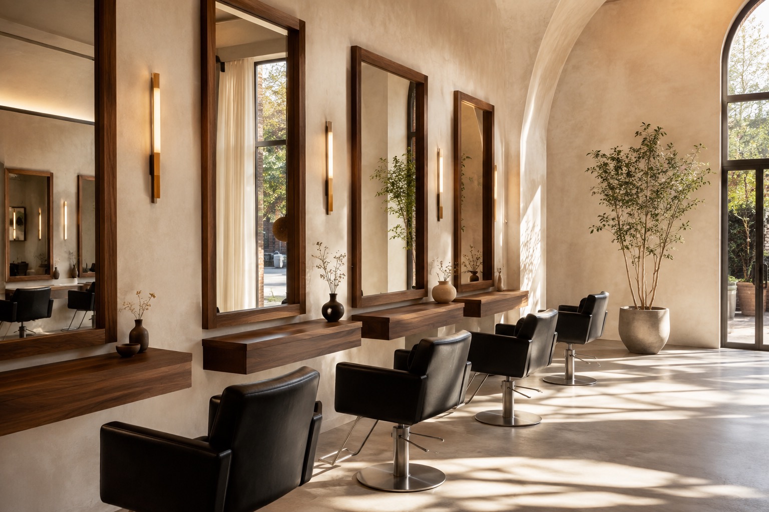 A calm, contemporary salon interior with walnut mirrors and black styling chairs
