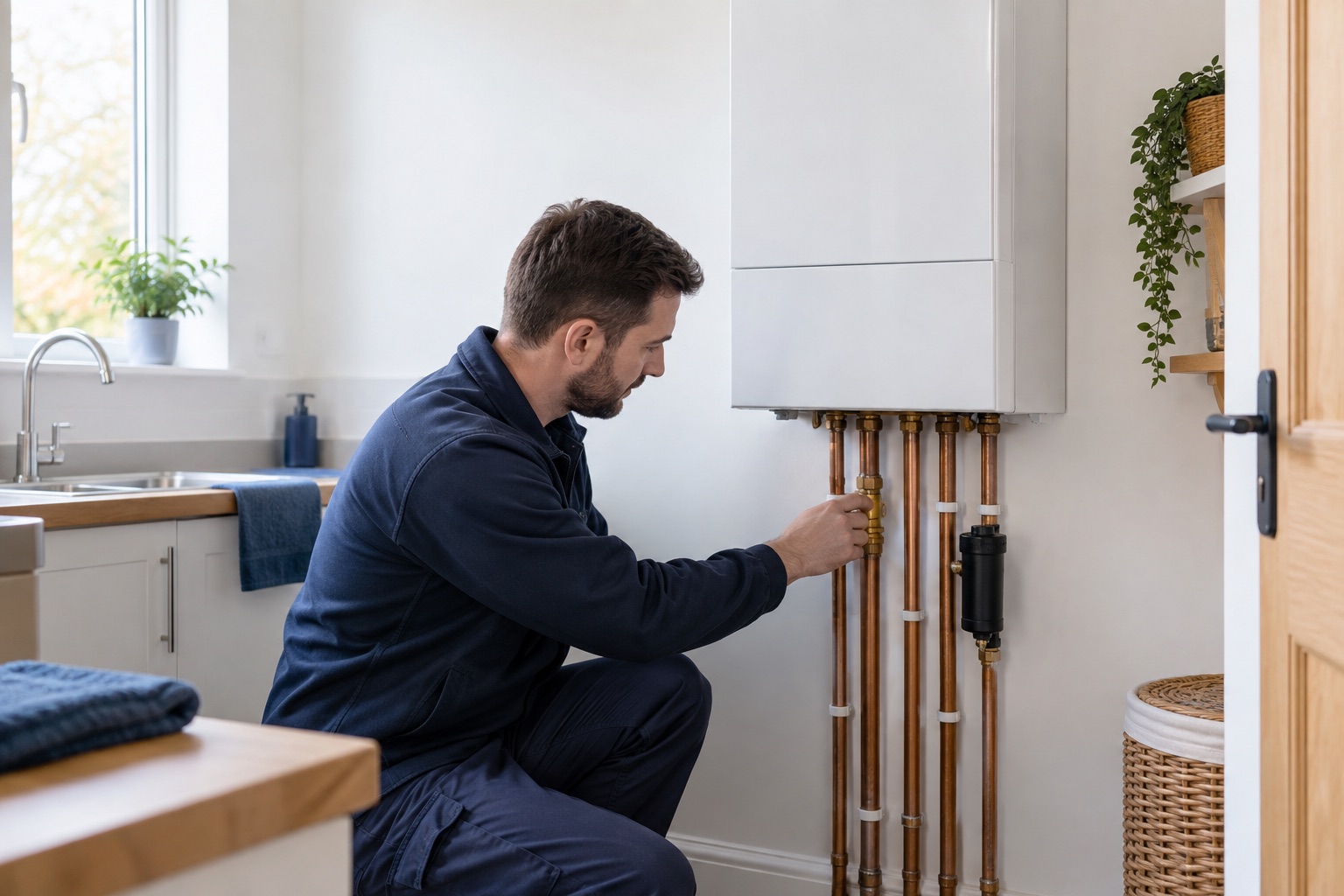 Heating engineer working on copper pipework and a boiler